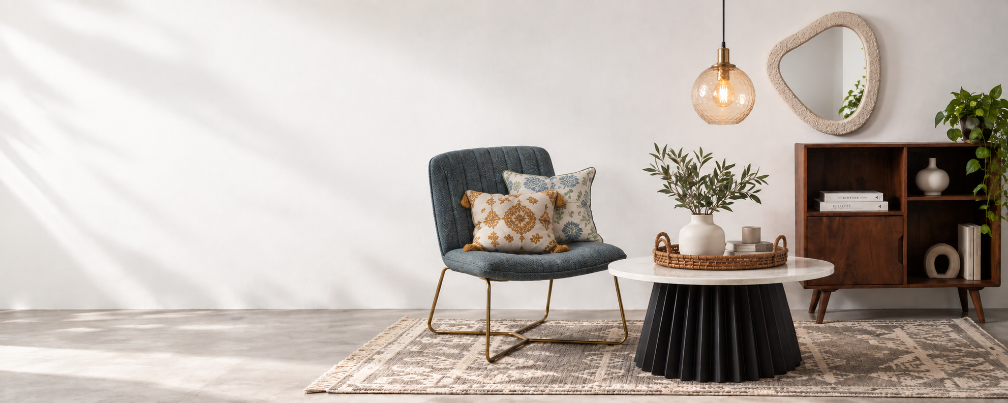 Furniture, lighting and home decor in a styled living space