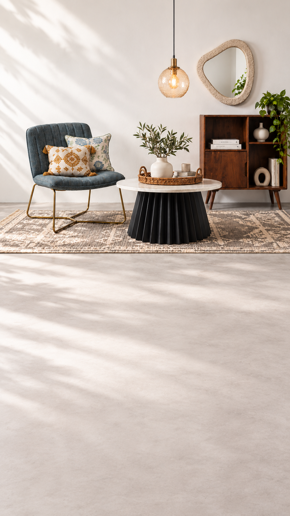 Furniture, lighting and home decor in a styled living space